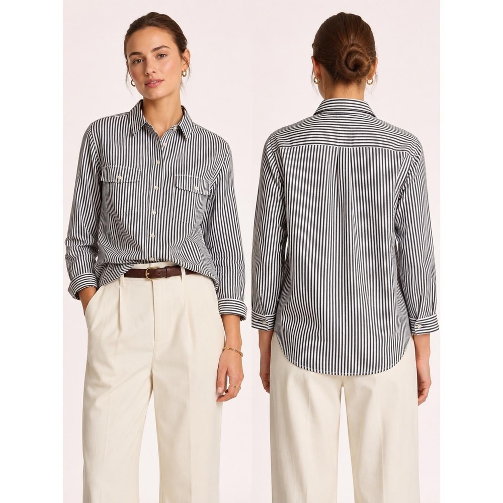 Vintage Striped Button Down Shirt Long Sleeve Navy White